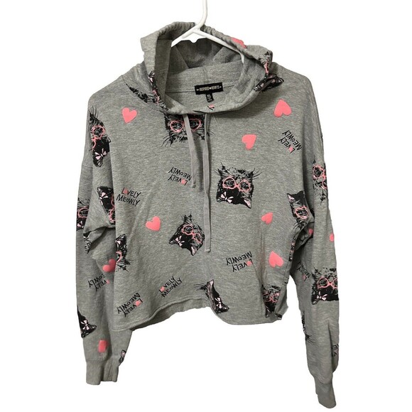 Inspired Hearts Girl's XL Lovely Meow Heather Gray Cat Hoodie Sweatshirt 0015B - Picture 1 of 10